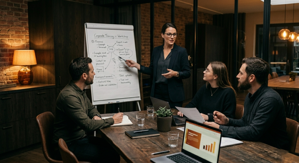 Formatrice debout devant un tableau de formation, animant un atelier avec un groupe de professionnels dans un cadre chaleureux et intimiste, illustrant les formations en entreprise de L'abri des SAVOIRS.